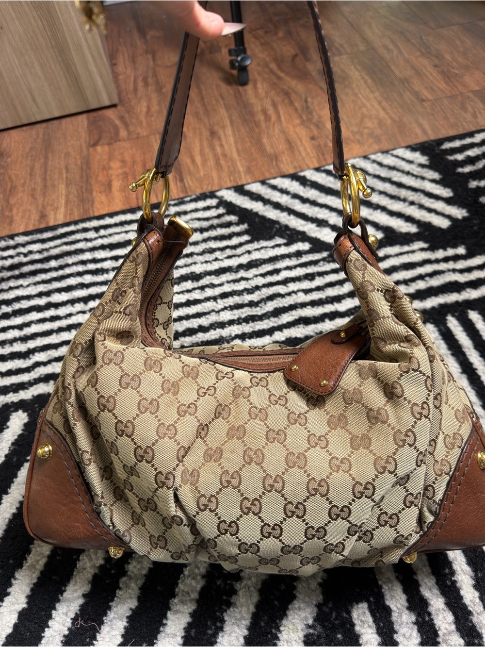 Beige Monogram Shoulder Bag with Brown Leather Trim - Picture 4 of 9